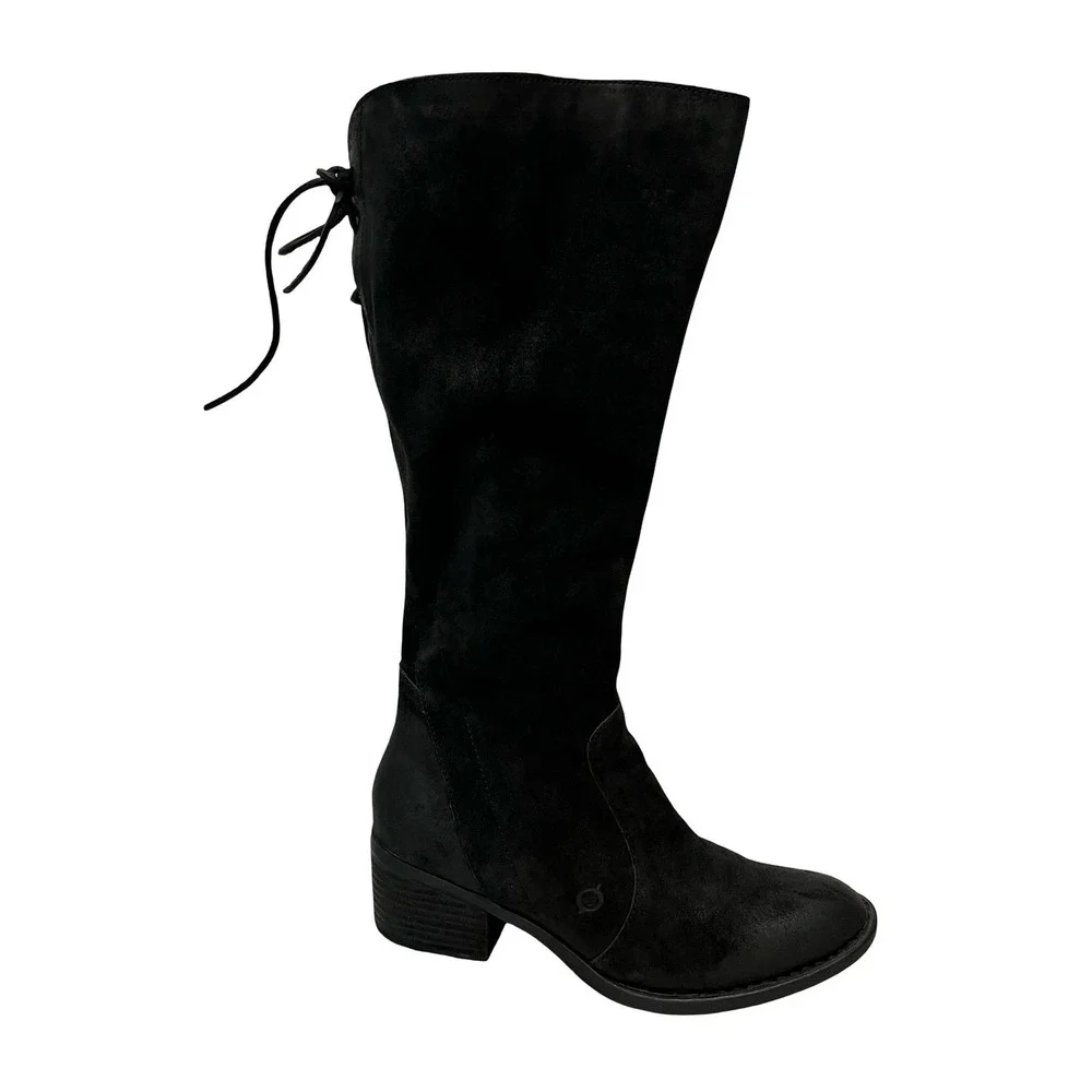 Born F33109 Black Distressed Suede Knee High Lace Up Back Boots Womens 10M WC